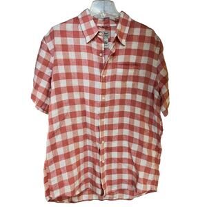 L.L. Bean Linen Shirt Men's Large Regular Button Front Short Sleeve Coral Plaid